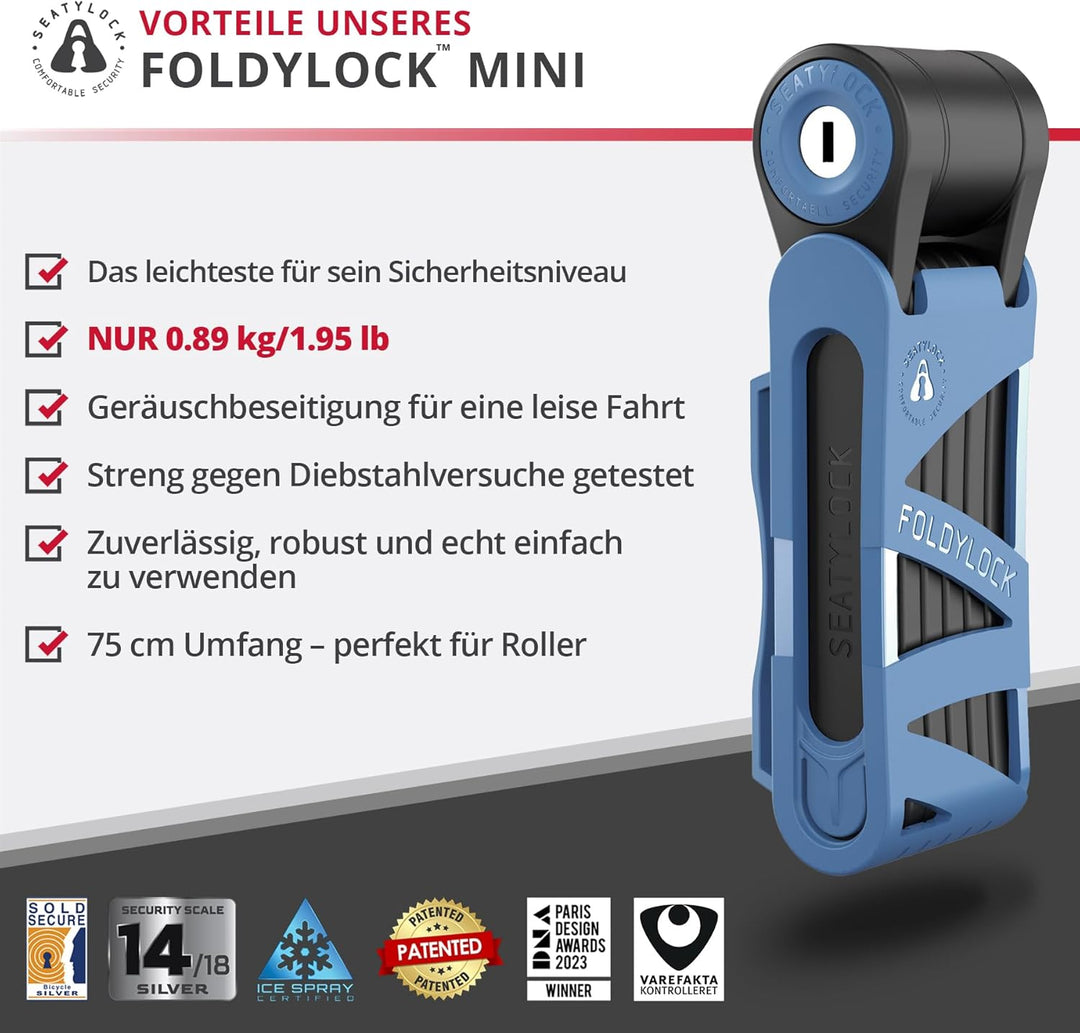 FoldyLock Mini Faltschloss mit Schlüssel - Patentiertes Testsieger Fahrradschloss mit Halterung für