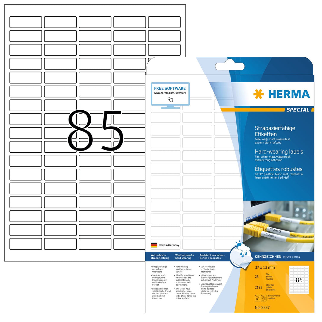 HERMA 8337 Wetterfeste Folienetiketten, 25 Blatt, 37 x 13 mm, 85 Stück pro A4 Bogen, 2125 Aufkleber,