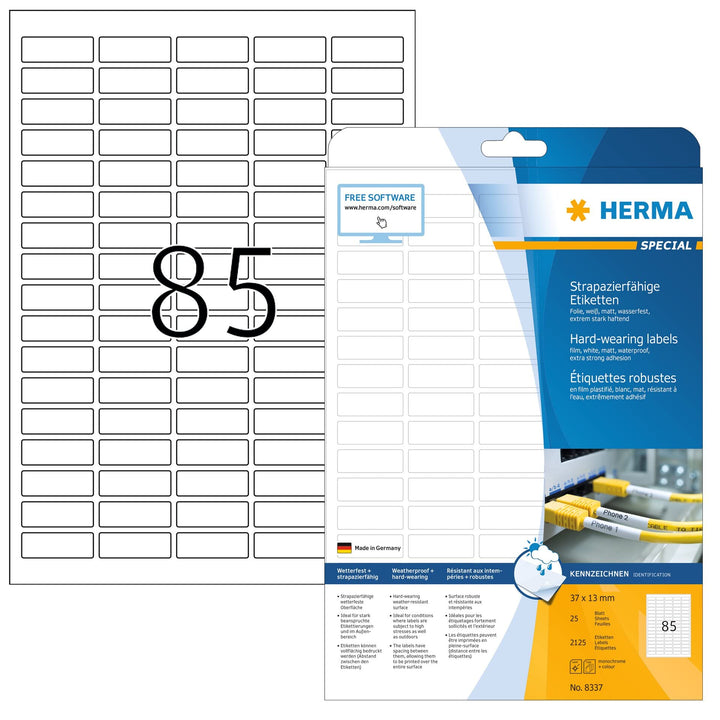 HERMA 8337 Wetterfeste Folienetiketten, 25 Blatt, 37 x 13 mm, 85 Stück pro A4 Bogen, 2125 Aufkleber,