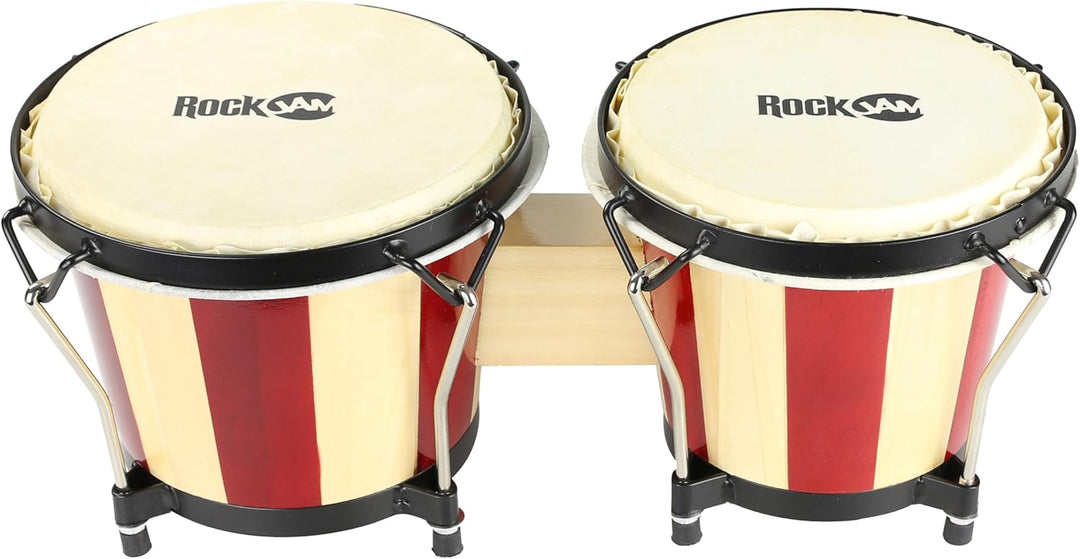 RockJam RJ-100301 7" and 8" Bongo Set with Padded Bag and Tuning Wrench Red and Natural Stripe Red S