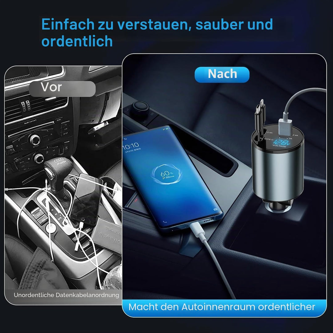 Auto Ladegerät Zigarettenanzünder USB C 4 in 1 56W - KFZ Ladegerät mit 2 einziehbaren Kabeln(Type C,