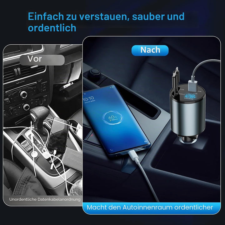 Auto Ladegerät Zigarettenanzünder USB C 4 in 1 56W - KFZ Ladegerät mit 2 einziehbaren Kabeln(Type C,