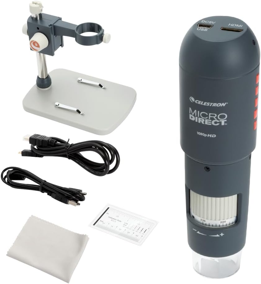 Celestron 44316 MicroDirect 1080P HDMI digitales Hand-Mikroskop, 10- bis 220-fache Vergrösserung, Gr