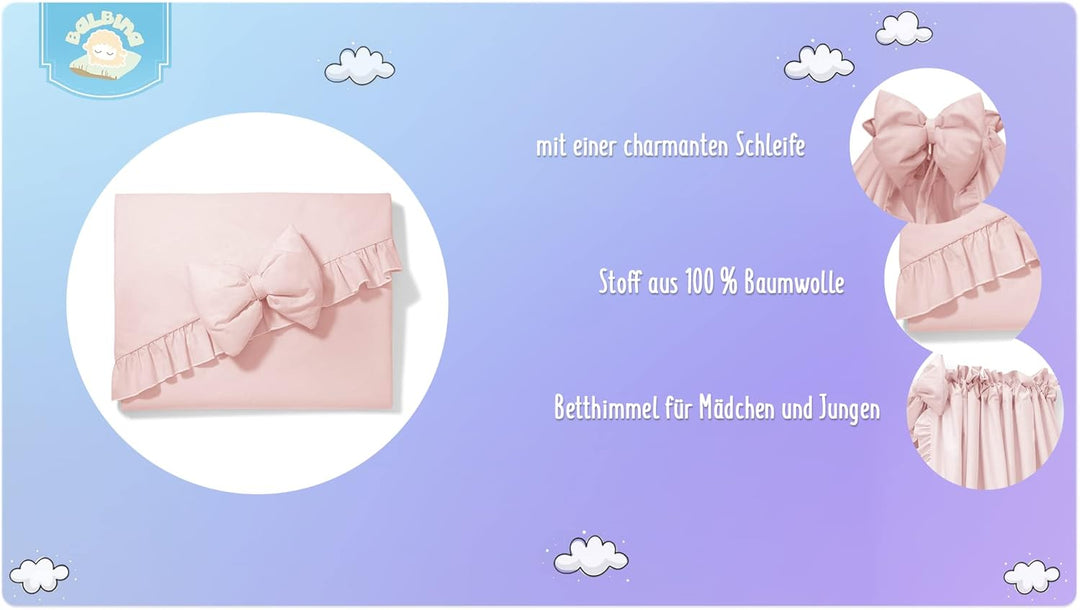 balbina Baldachin 100% Baumwolle, Deko-Set für Kinderbett, Betthimmel mit Rüsche & Schleife, Moskito