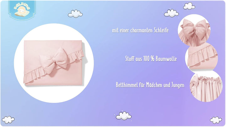 balbina Baldachin 100% Baumwolle, Deko-Set für Kinderbett, Betthimmel mit Rüsche & Schleife, Moskito