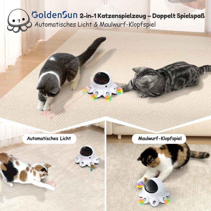 GoldenSun Katzenspielzeug, 2-in-1 Automatisches Katzenspielzeug, 8-Loch Whack-a-Mole & 360° Zufallsb