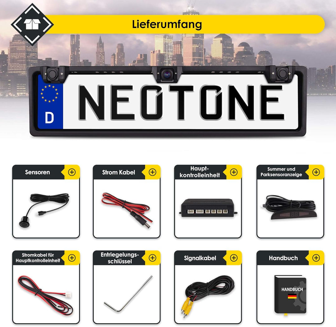 NEOTONE NTK-200P universelle Rückfahrkamera in Kennzeichenhalterung mit 2 Parksensoren | 170° Weitwi