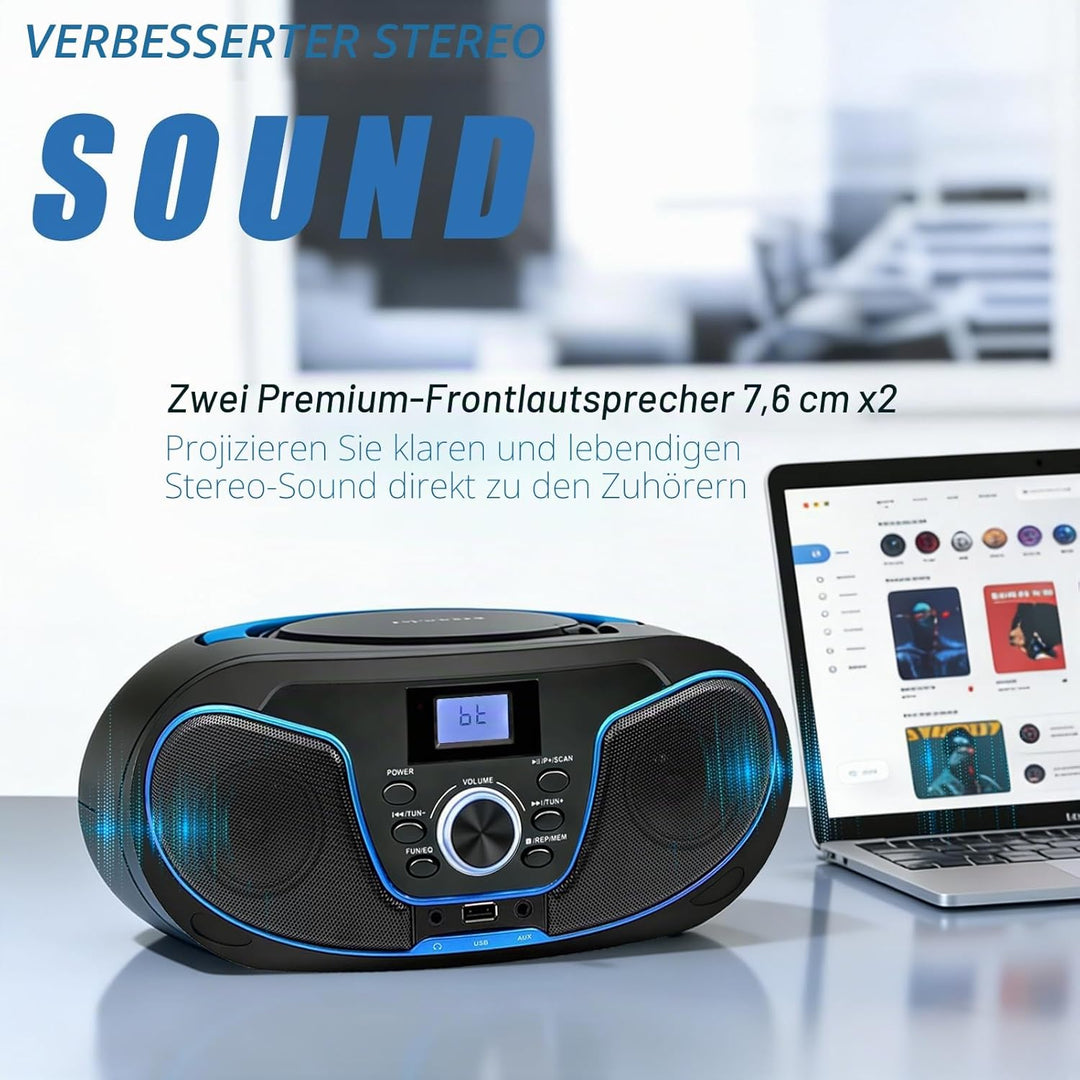 Tragbar CD Player Boombox Bluetooth - mit UKW Radio, USB Eingang & AUX & Kopfhörern Ports, 2 x 2 Wat