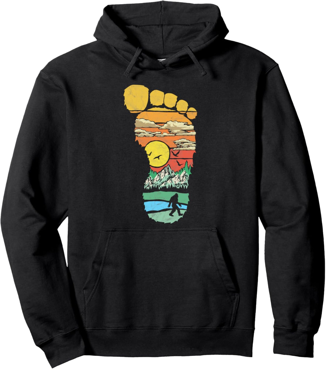 Bigfoot Footprint & Outdoor Mountain Illustration Pullover Hoodie