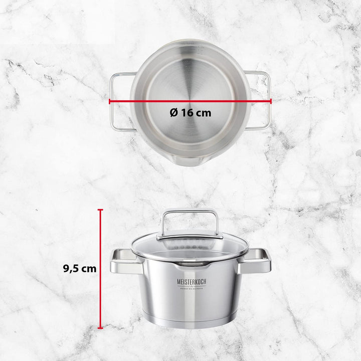 MEISTERKOCH Topf aus gebürstetem Edelstahl 16 cm Ø | mit Ausguss, Innenskalierung und isolierenden K