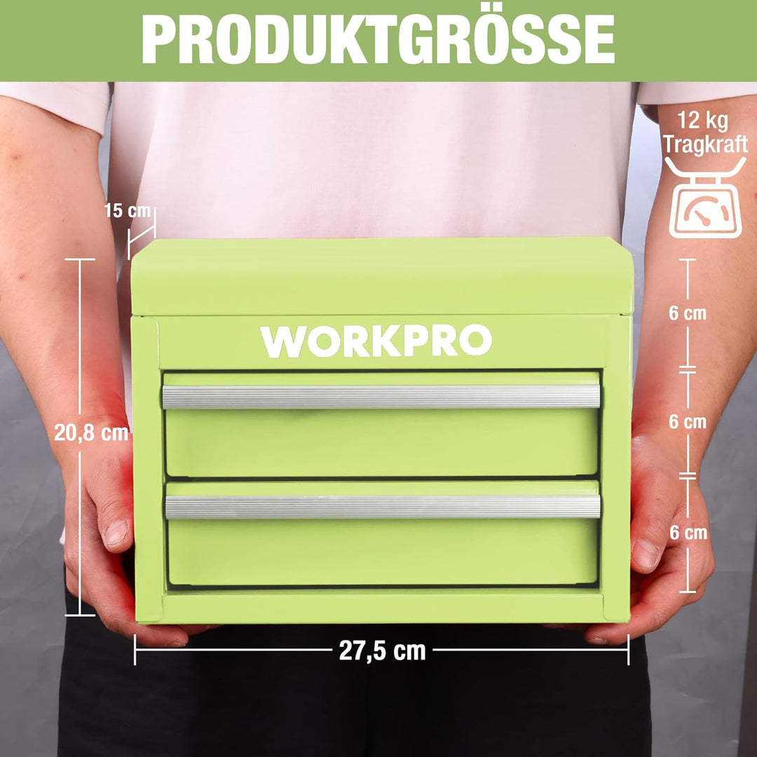 WORKPRO Metall Schubladenbox mit 2 Schubladen & Oberer Stauraum Avocadogrün, 27,5x15x20,8cm Tisch Or