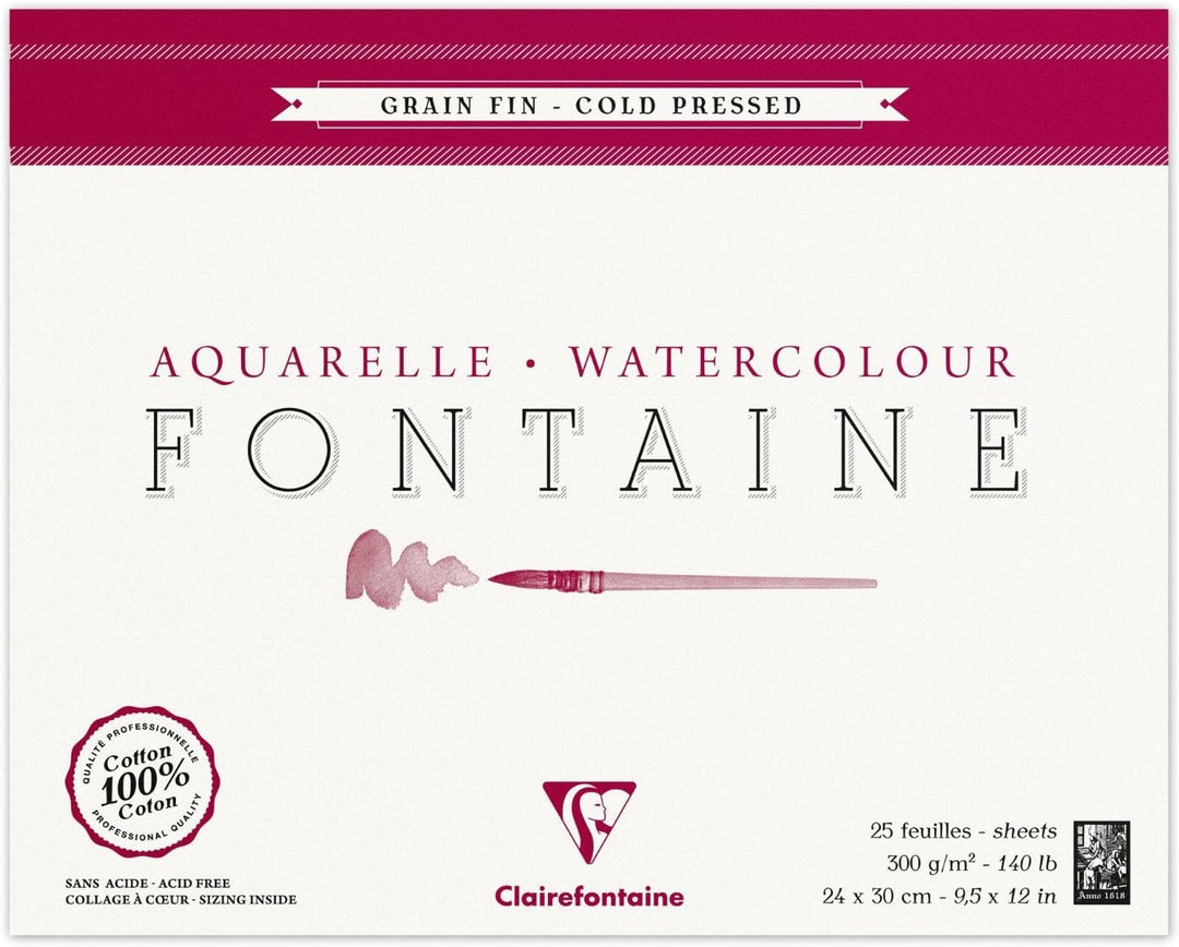 Clairefontaine 96414C Malblock, 4-seitig verleimt Aquarellpapier Feinkörnig, Fontaine/Hadern, 24 x 3