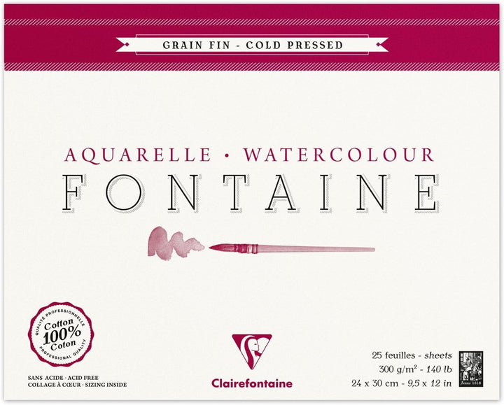 Clairefontaine 96414C Malblock, 4-seitig verleimt Aquarellpapier Feinkörnig, Fontaine/Hadern, 24 x 3