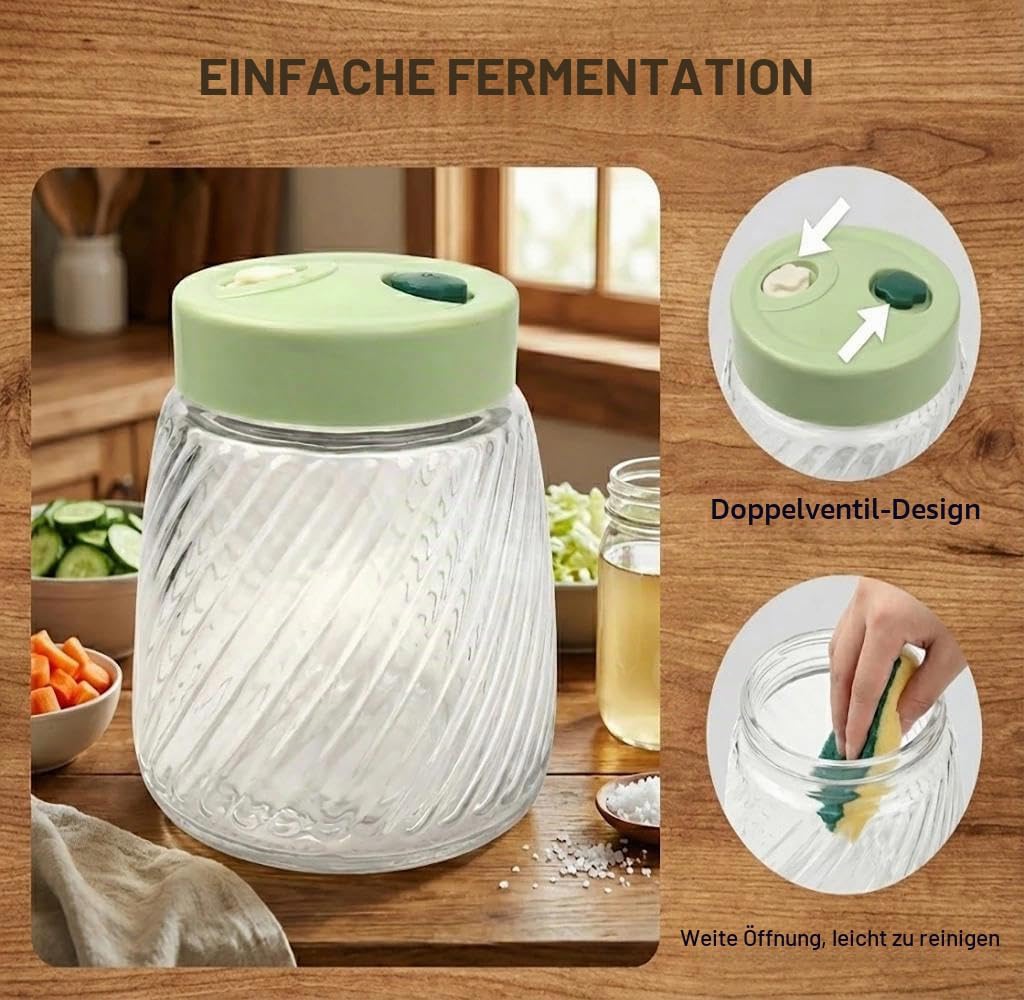2 Pack 1L Glass Fermentation Jars with Double Airlock Valve,Kimchi behälter,fermentierglas, Airtight