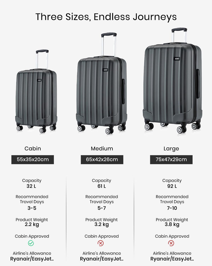 KONO Hartschale Gepäck Leichten ABS Reisekoffer Rollenkoffer 4 Rollen Grau L, Grau L