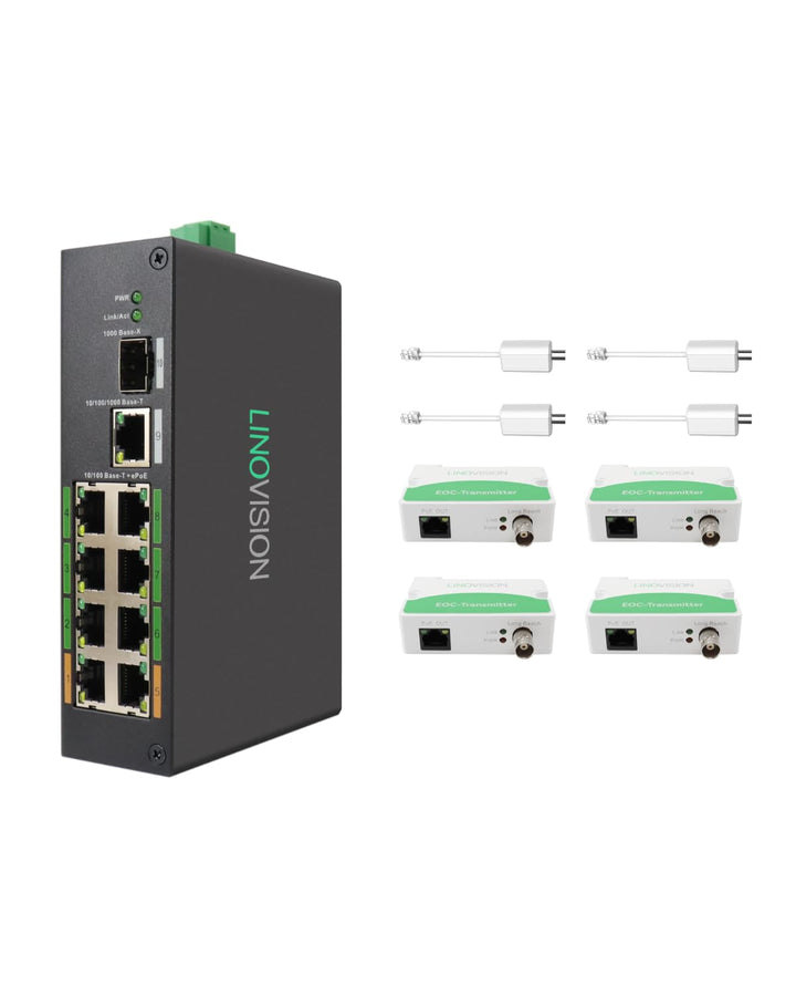 LINOVISION Industrial 8-Port EOC & POE Switch mit 4 EOC-Sendern, PoE mit grosser Reichweite über Koa