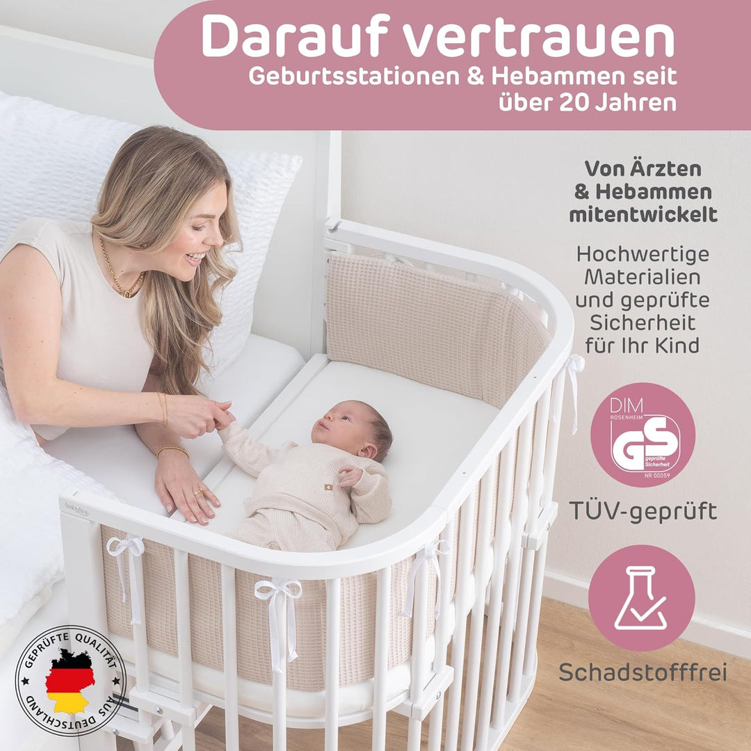 babybay Maxi Comfort Plus Beistellbett & Stubenwagen aus massivem Buchenholz/Zustellbett mit Verschl