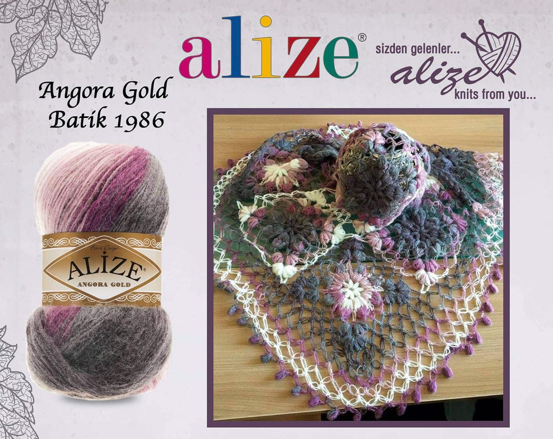 Alize Angora Gold Batik-Garn, 20% Wolle, 80% Acryl, 2 Knäuel, 200 g, 1204 m, Häkelgarn, Spitze, Hand