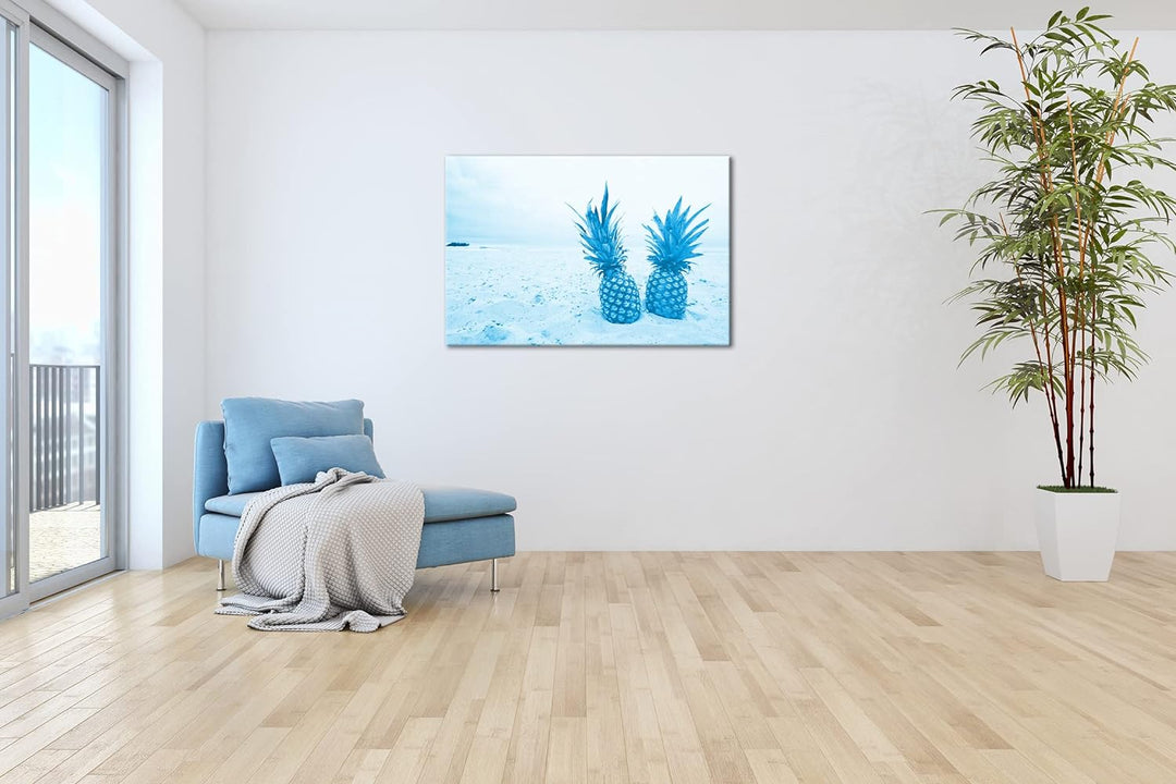 deyoli Ananas am Sandstrand Format: 80x60 Effekt: Monocrome Blau als Leinwandbild, Motiv fertig gera
