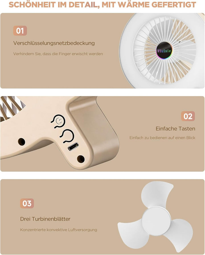 Tischventilator 2-in-1 Mit Rgb-licht Und Wiederaufladbarem 2000mAh Akku, USB-C, 3 Windgeschwindigkei