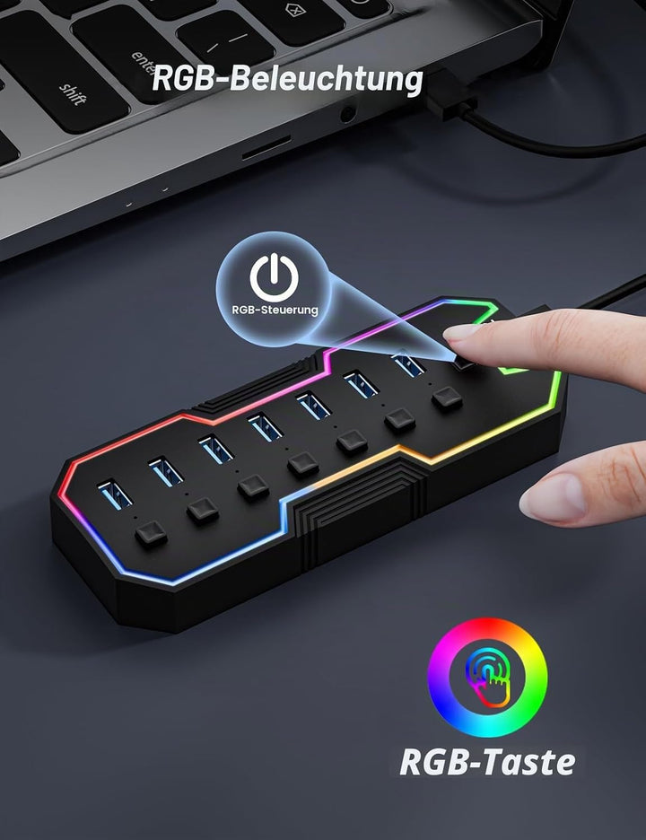 ZIUMIER USB 3.0-Hub, 7-Port-USB-Expander mit RGB-LED-Streifen für MacBook, Mac Pro, Mac mini, iMac,