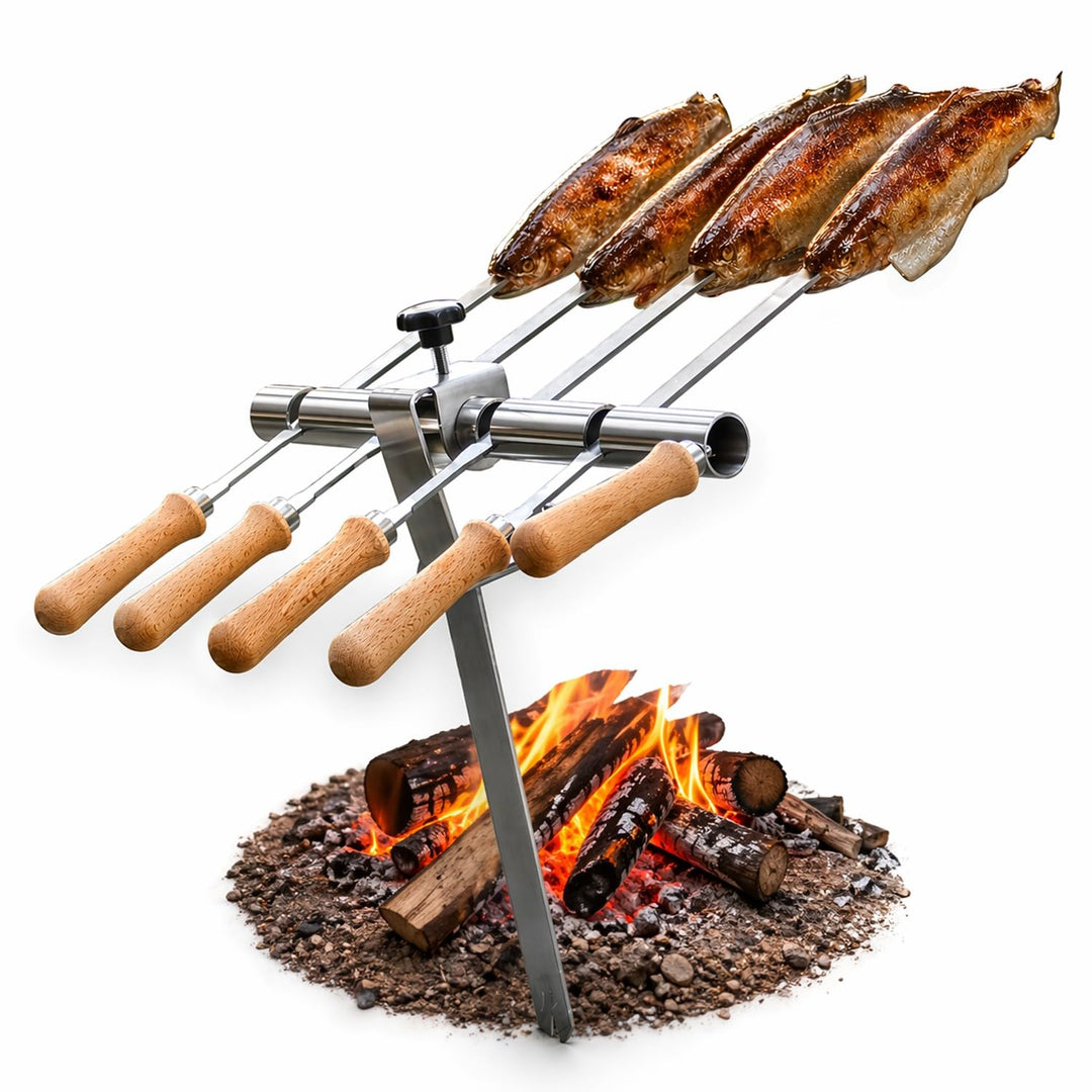 Premium Steckerlfisch Halter für Lagerfeuer - Platz für 4 Fische - Fisch Grill Spiesshalter für offe