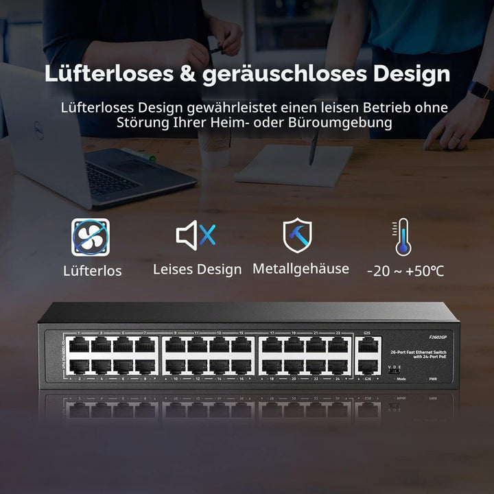 YuLinca 24 Port PoE Switch, 10/100Mbps PoE+ Ports, 2 Gigabit Ethernet Uplink, IEEE802.3af/at, Max 30