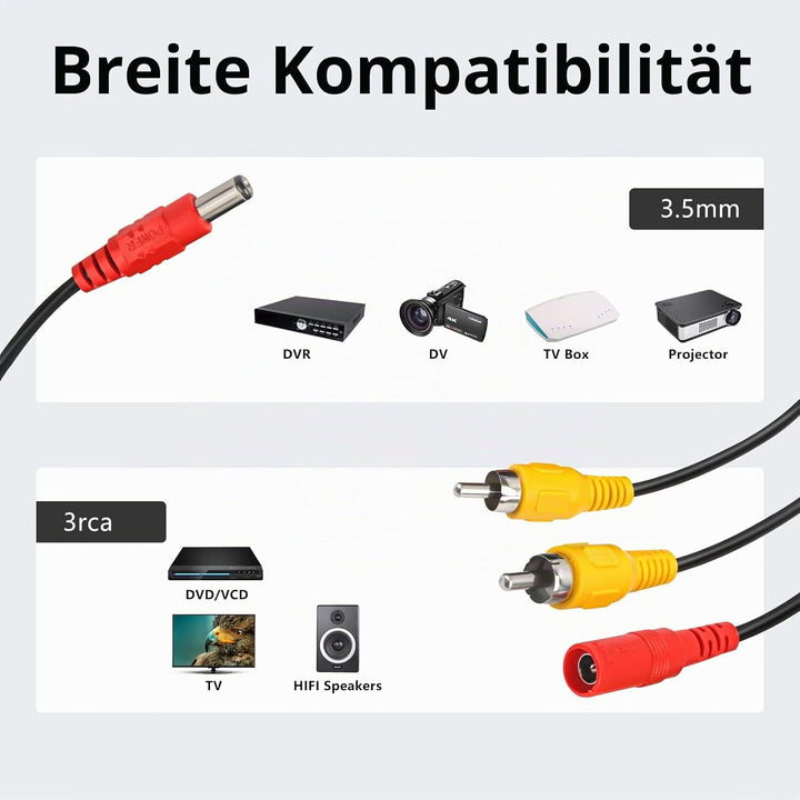 Auto Cinch Kabel/Kabelsatz Optional DC Netzanschluss 2 in 2 für Rückfahrkamera CCTV LED 20M/66FT RCA