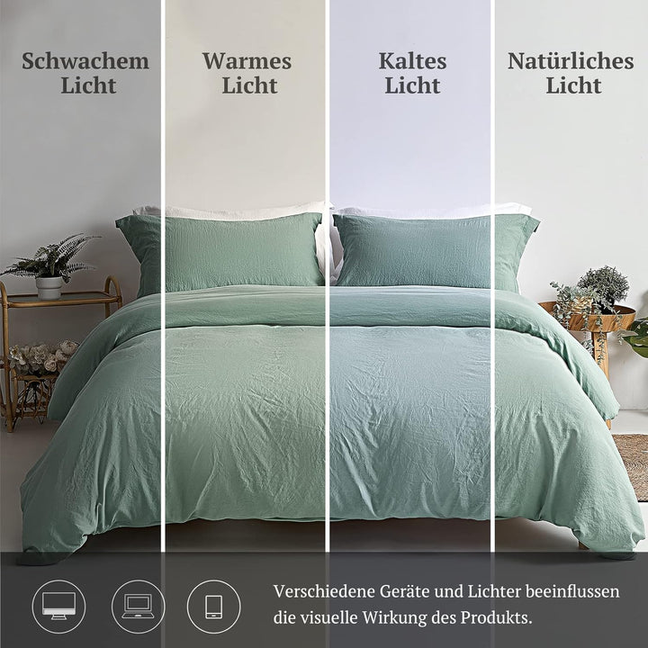 MILDLY Bettwäsche 200x220 Salbeigrün 3 Teilig, 100% Microfaser Einfarbig Bettwäsche-Set mit 2 Kissen