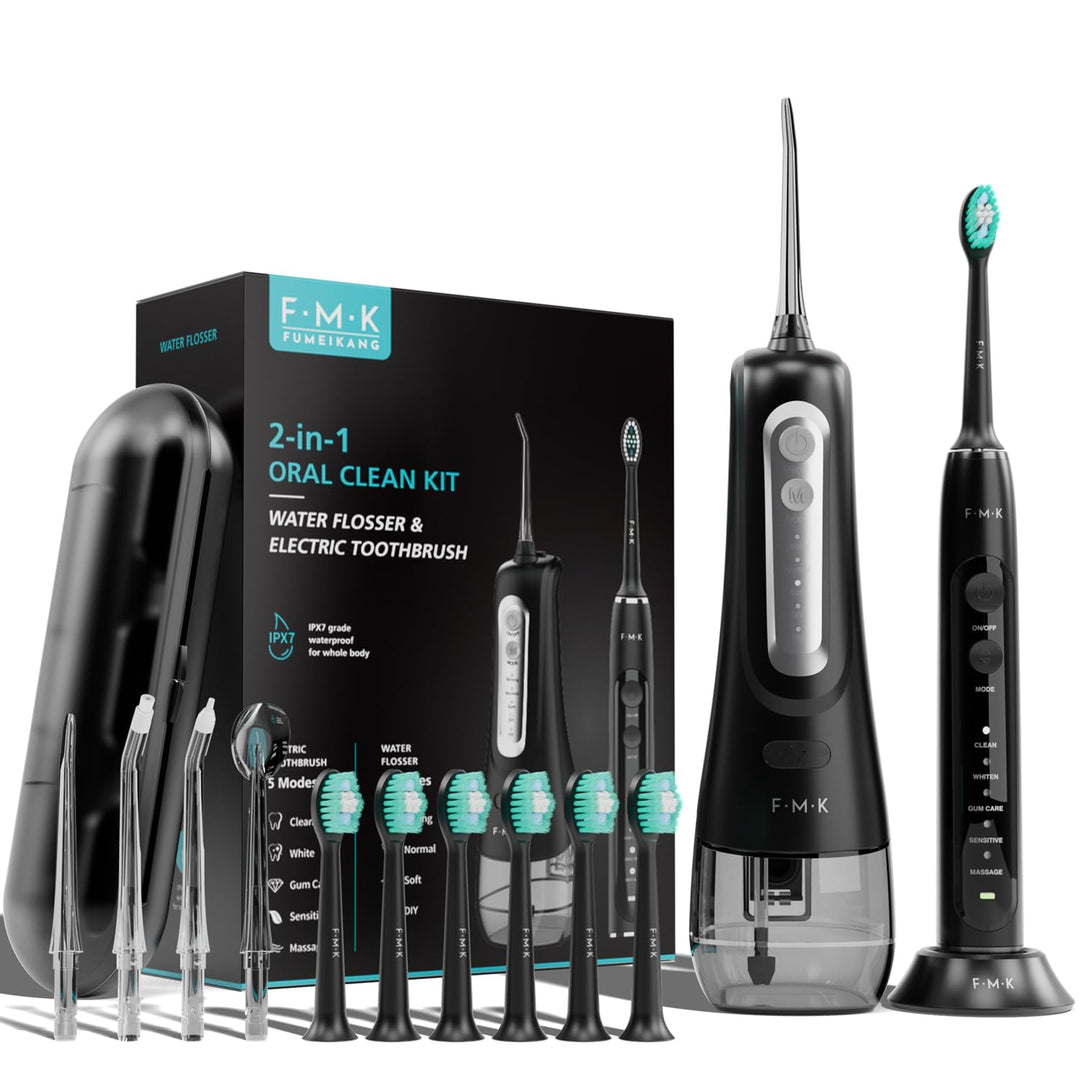Wasser-Zahnseidenstab & Elektrische Zahnbürste für Erwachsene – 2-in-1 Mundpflege-Set (Schwarz)