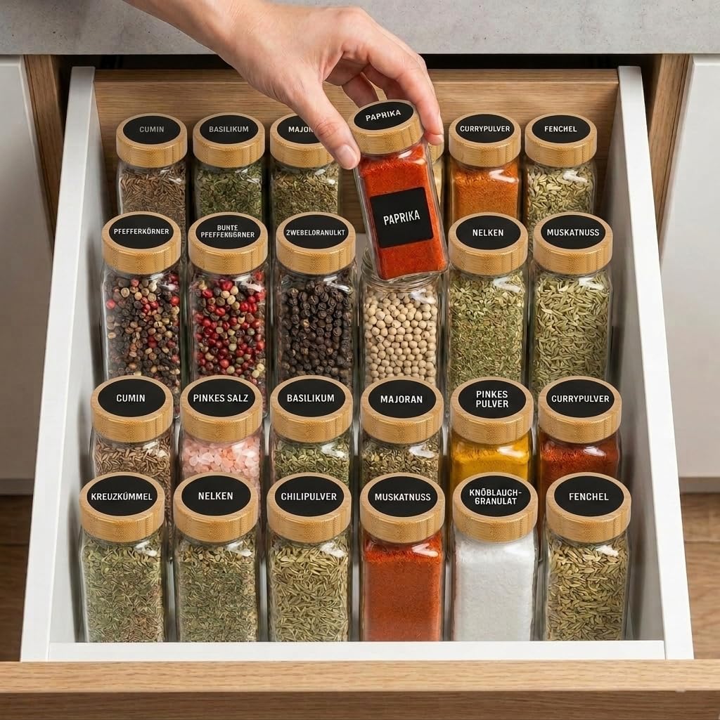 ZEBEN® Gewürzgläser 120ml Set 25 Stück mit Etiketten, Leere Gewürzdosen mit Deckel, Trichter & Reini