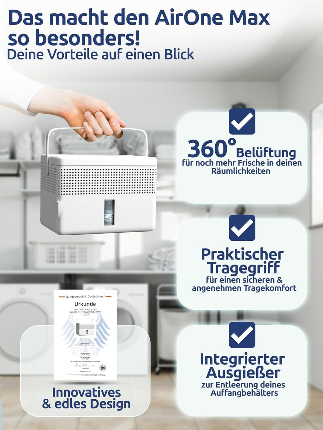 BonAura® 2 x AirOne Max Luftentfeuchter ohne Strom bis 33m² I 360° Belüftung I Raumentfeuchter mit A