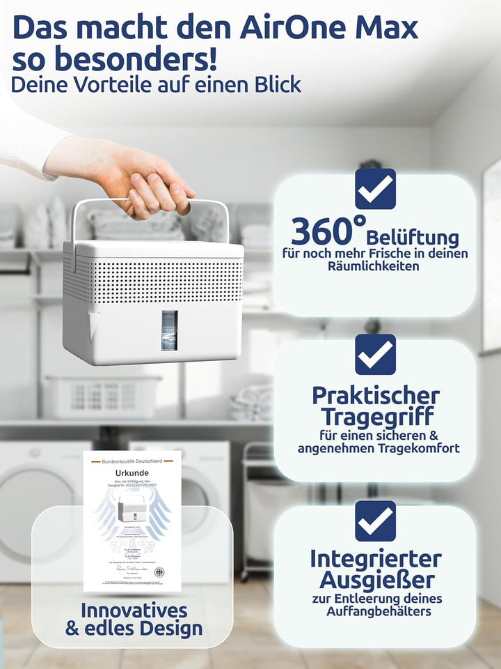 BonAura® 2 x AirOne Max Luftentfeuchter ohne Strom bis 33m² I 360° Belüftung I Raumentfeuchter mit A