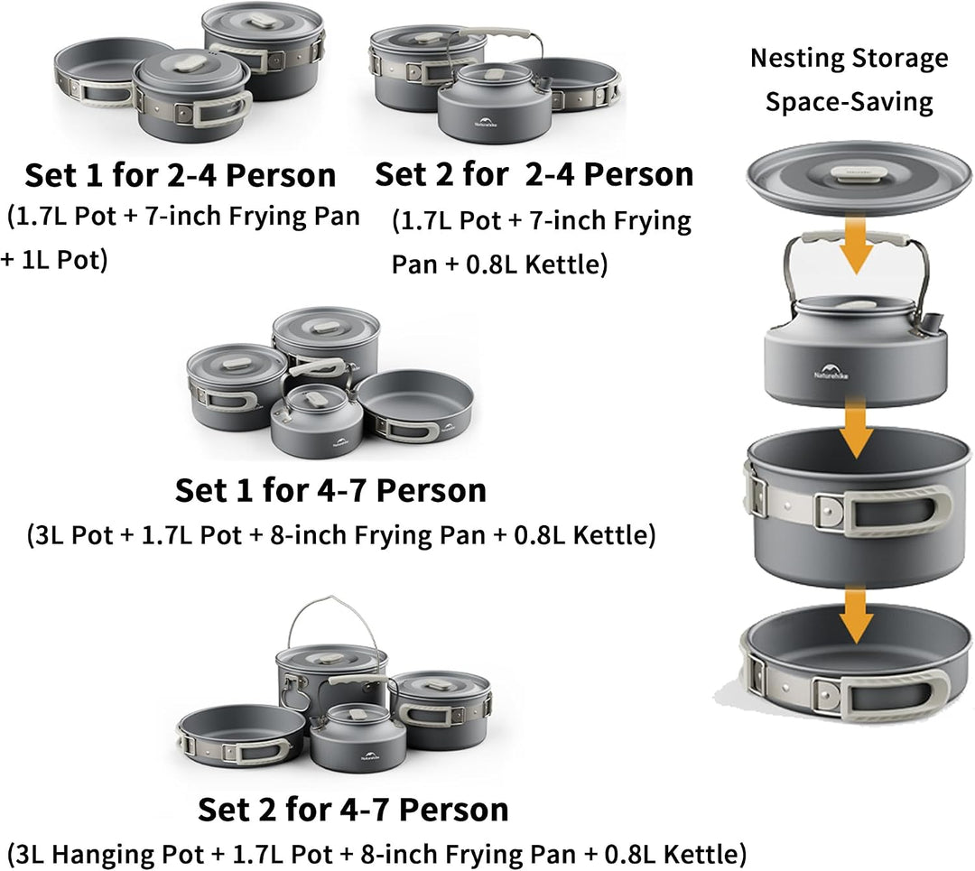 Naturehike Camping Kochgeschirr, Schachtelbares Camping Topfset, Lebensmittelechtes Aluminiumlegieru