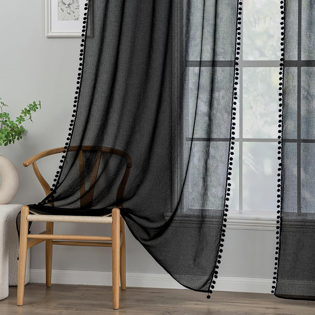 MIULEE Gardinen mit Pompons-Hübsche Schwarz Transparent Gardinen für Kinderzimmer Mädchen, 2 Stücke