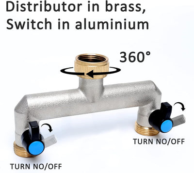 2-Wege Wasserhahn Wasserverteiler aus Messing für 2 Geräte/Gartenschläuche, 2er Verteiler 3/4" Adapt