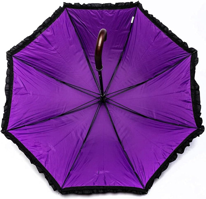 LUCKYWEATHER Regenschirm Stockschirm Damen Rüschenschirm schwarz/violett Holzstock Double Layer I St