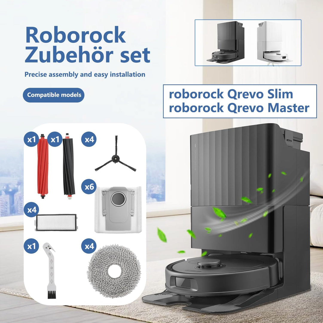 21 Stück Zubehör für Roborock Qrevo Master/Qrevo Slim – 6 Staubbeutel, 2 Gummi Hauptbürsten, 4 HEPA