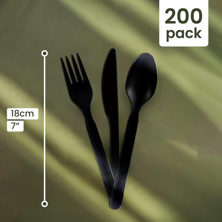 HAAGO 180-tlg. Besteckset Kompostierbar (60x Messer, 60x Gabeln, 60x Löffel, Schwarz) - Umweltfreund