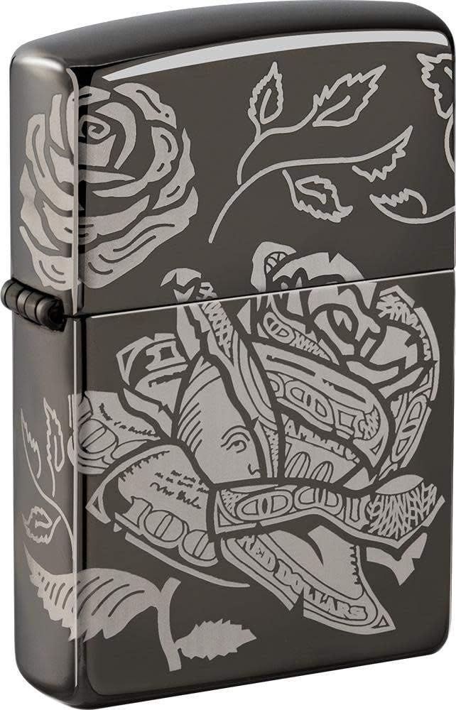 Zippo 49156 – Currency Design - Black Ice - 360° Laser Gravur - Sturmfeuerzeug, nachfüllbar, in hoch