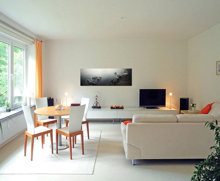 Paul Sinus Art Panoramabild auf Leinwand und Keilrahmen 150x50cm Meer Steine Felsen Morgendämmerung
