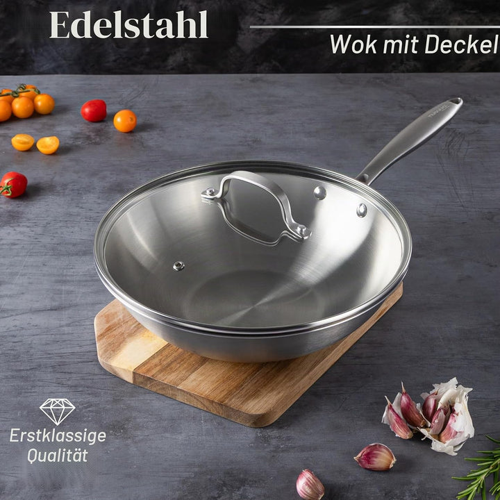Nuovva Edelstahl Wokpfanne Antihaft – Induktionsgeeignete tiefe Pfanne zum Braten &amp; Wok-Kochen – 28