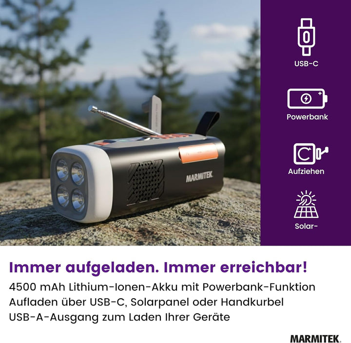 Kurbelradio Marmitek RESQ 200 – Solar Notfallradio mit DAB+, Farbdisplay & 360° LED Licht – Powerban