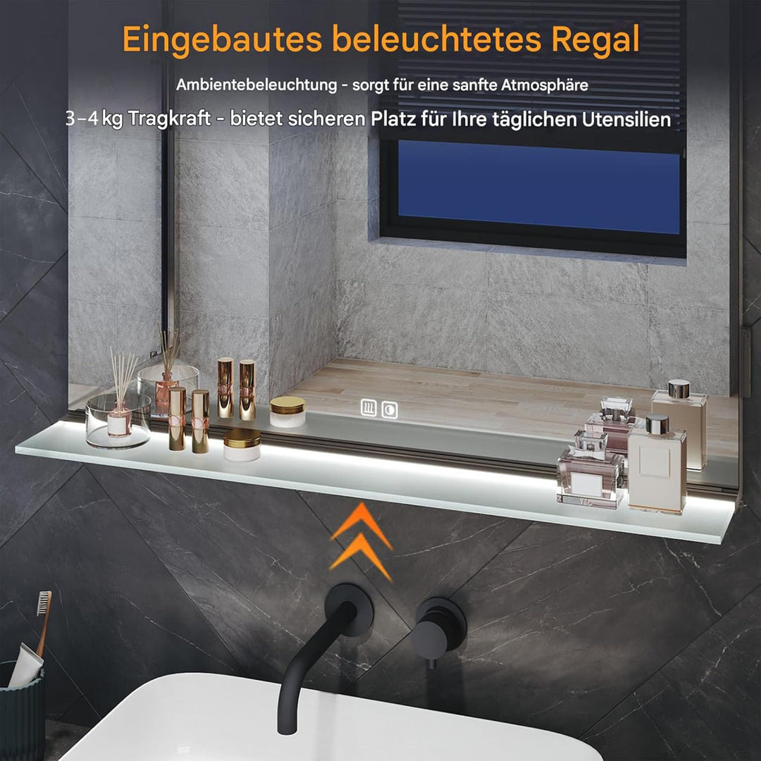 LED Badspiegel, 1200x750 mm, mit Ablage aus gehärtetem Glas, 3 Farbtemperaturen+Antibeschlag+Touch-S