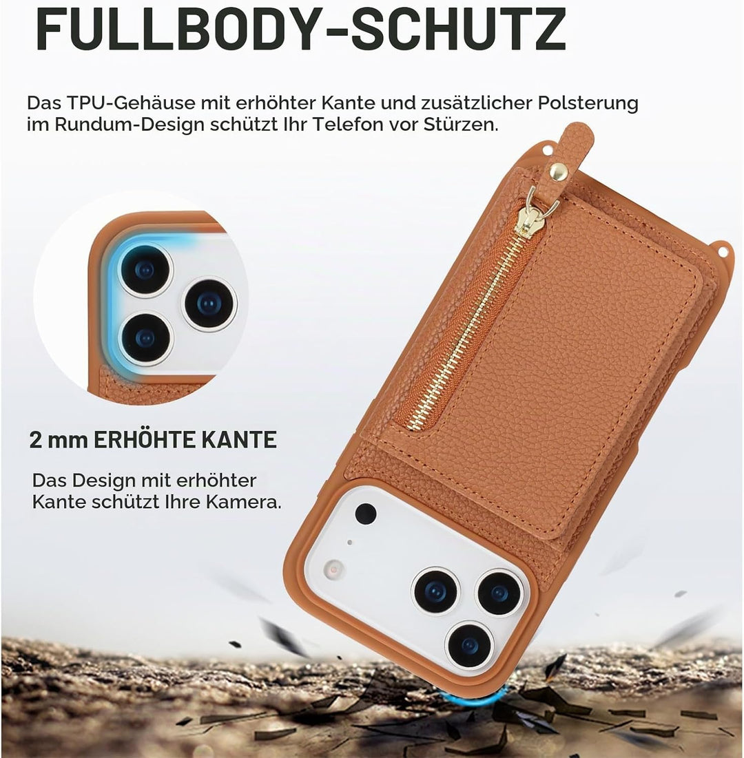 ELTEKER Handyhülle für iPhone 17 Pro Hülle mit Band, Kartenfach Reissverschluss Geldbörse, Handy-Umh
