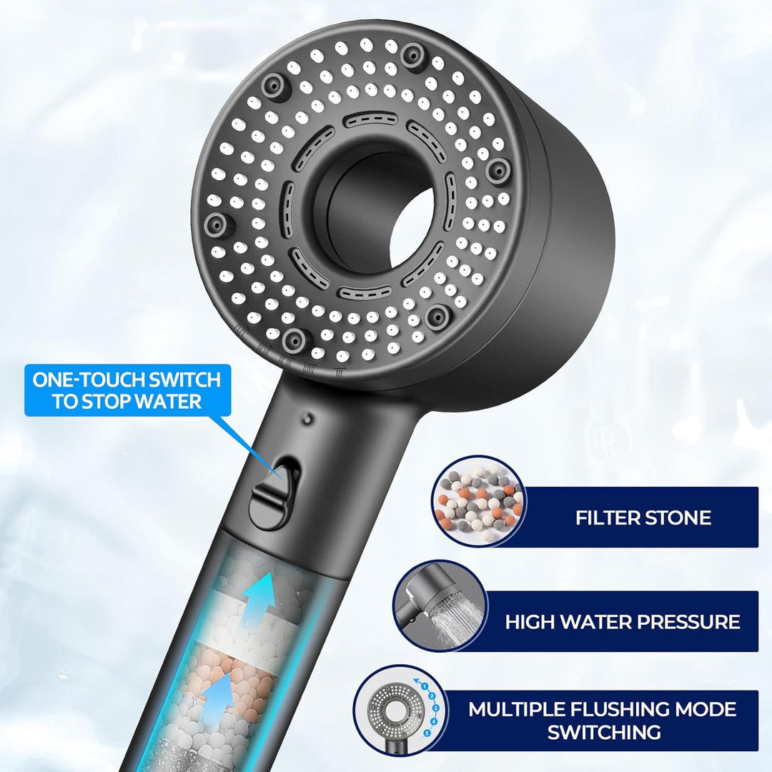 Duschkopf Wassersparend mit Schlauch 1.5 m, Antikalkfunktion Duschkopf mit 3-Schicht-Filtration, 5 S