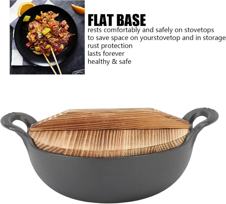 Wok aus Gusseisen, 20 Cm/25 Cm, Antihaftbeschichtete Bratpfanne mit Flachem Boden, Doppelgriff und D