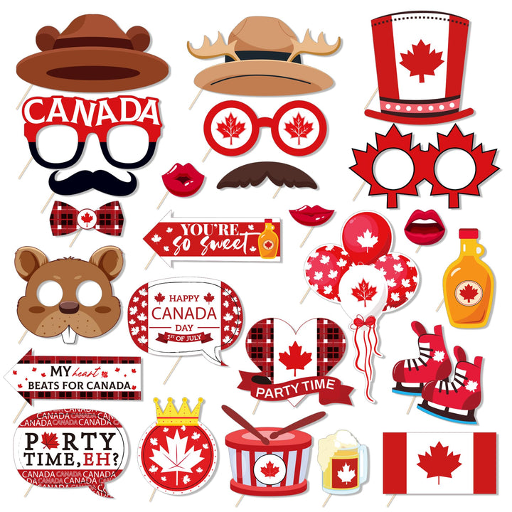 25 Stück Kanada-Fotoautomaten-Requisiten mit Stab, Kanada-Flagge, Foto-Requisiten, Kanada-Nationalfe