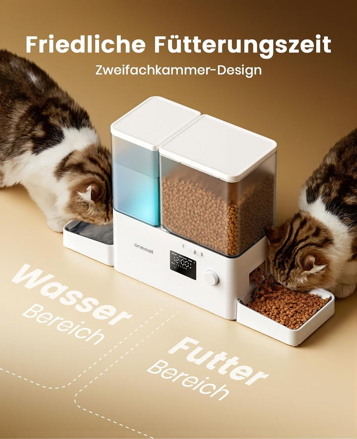 oneisall Futterautomat Katze und Trinkbrunnen 2-in-1, 8,5L/1-36 Portionen, 5L Futterspender mit 3,5L