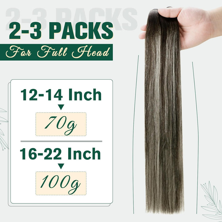 RUNATURE Tressen Echthaar Schwarz Ombre Silber 35cm Sew in Extensions Tresse Echthaar 70g #1B/Silver